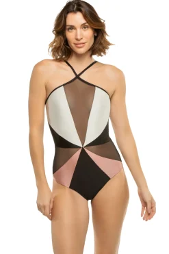 Color Block Mesh One Piece Swimsuit