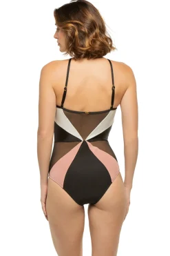 Color Block Mesh One Piece Swimsuit