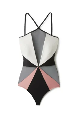 Color Block Mesh One Piece Swimsuit