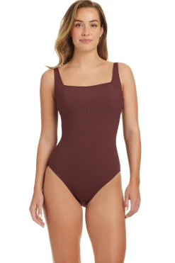 Square Neck Ribbed One Piece Swimsuit